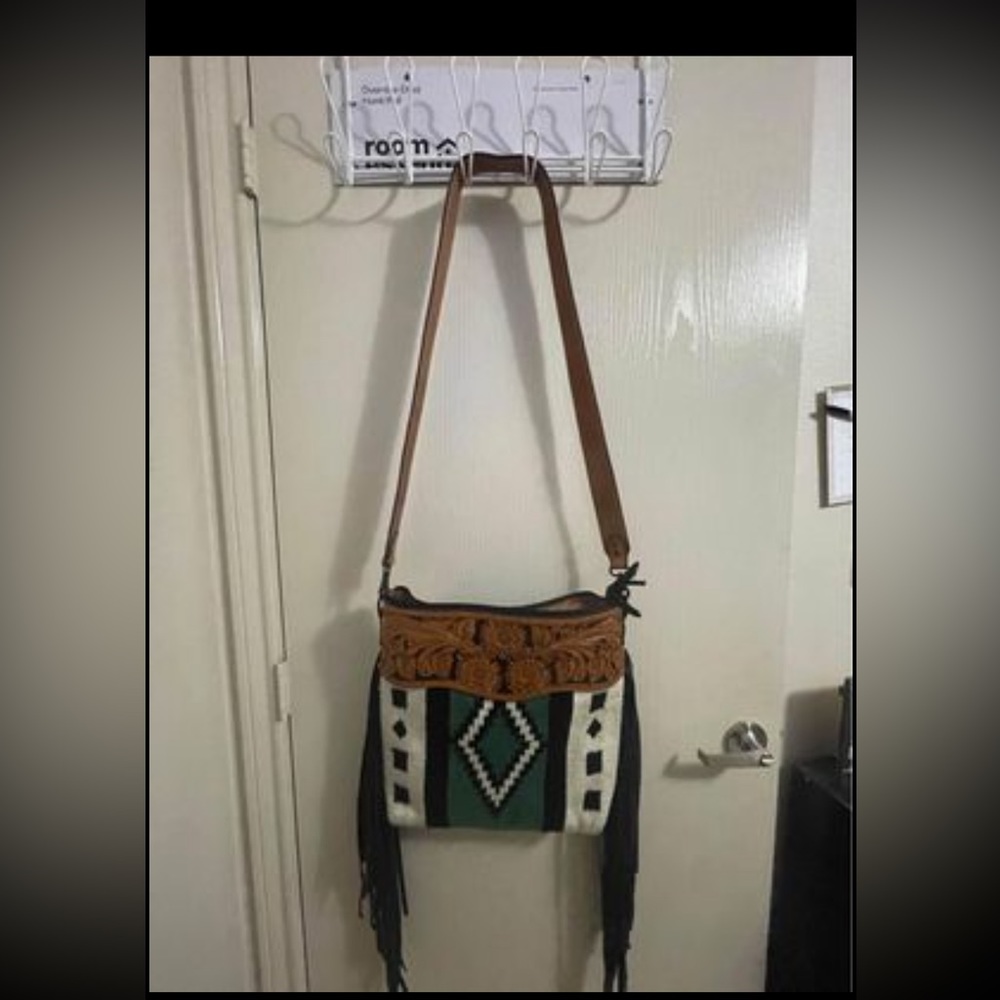 AmericanDarling Crossbody Hand Carved Leather Fringe Purse for Women Western bag